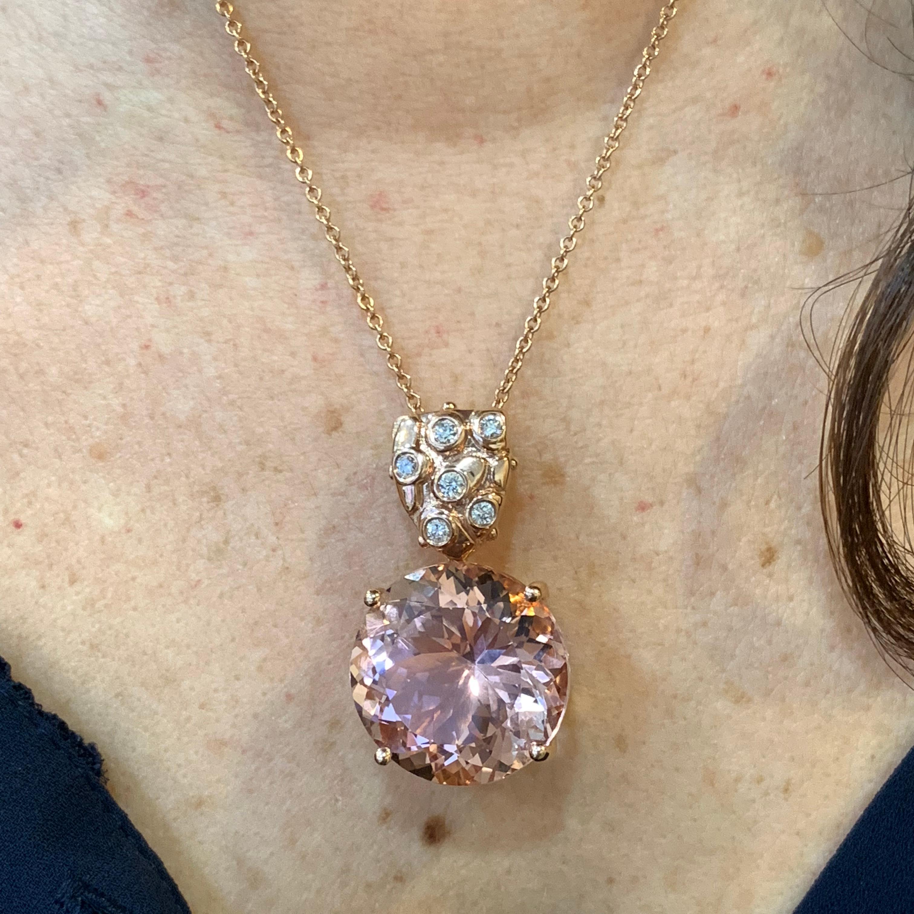 Contemporary 28.64 Carat Round Pink Morganite and Diamond Pendant