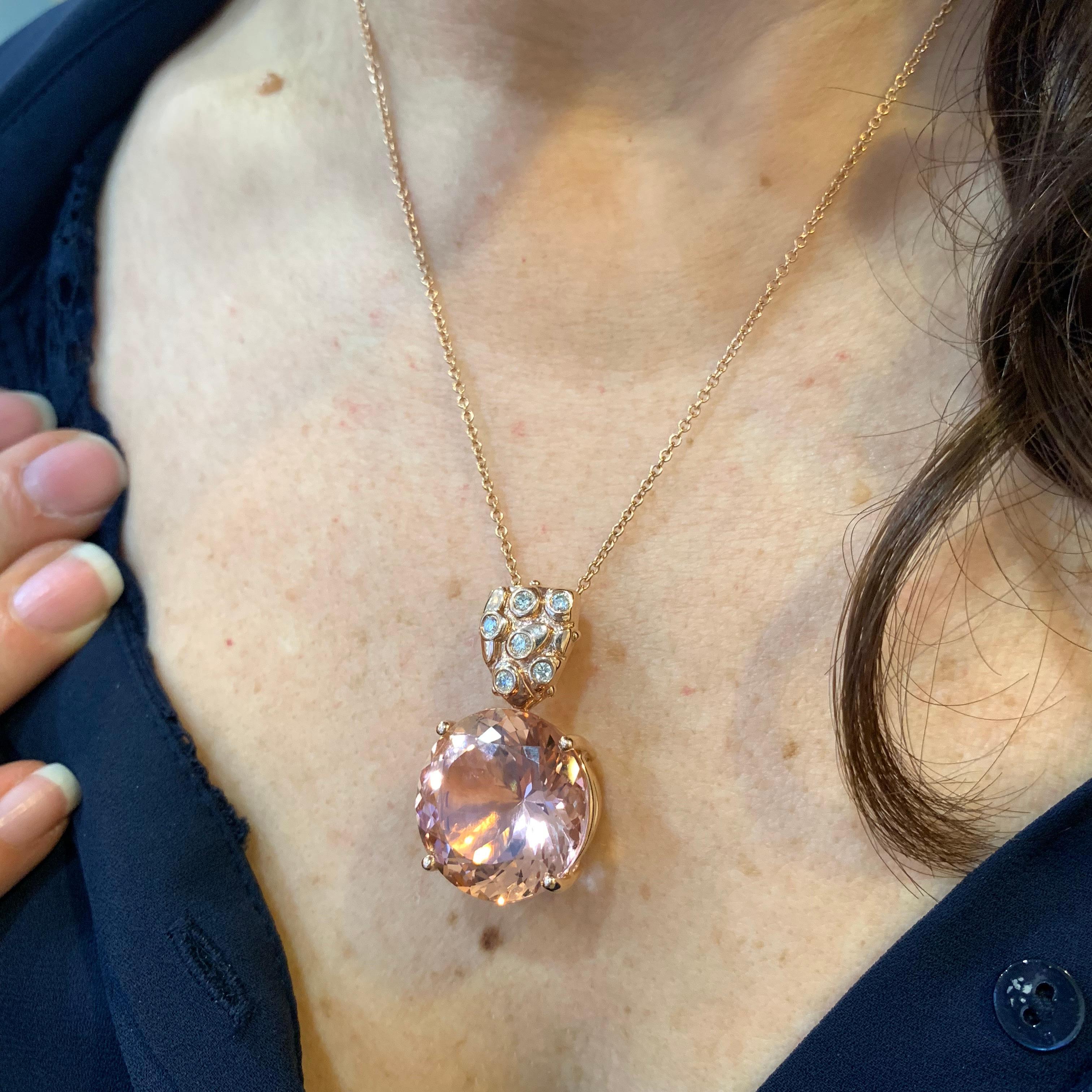 28.64 Carat Round Pink Morganite and Diamond Pendant In New Condition In GREAT NECK, NY