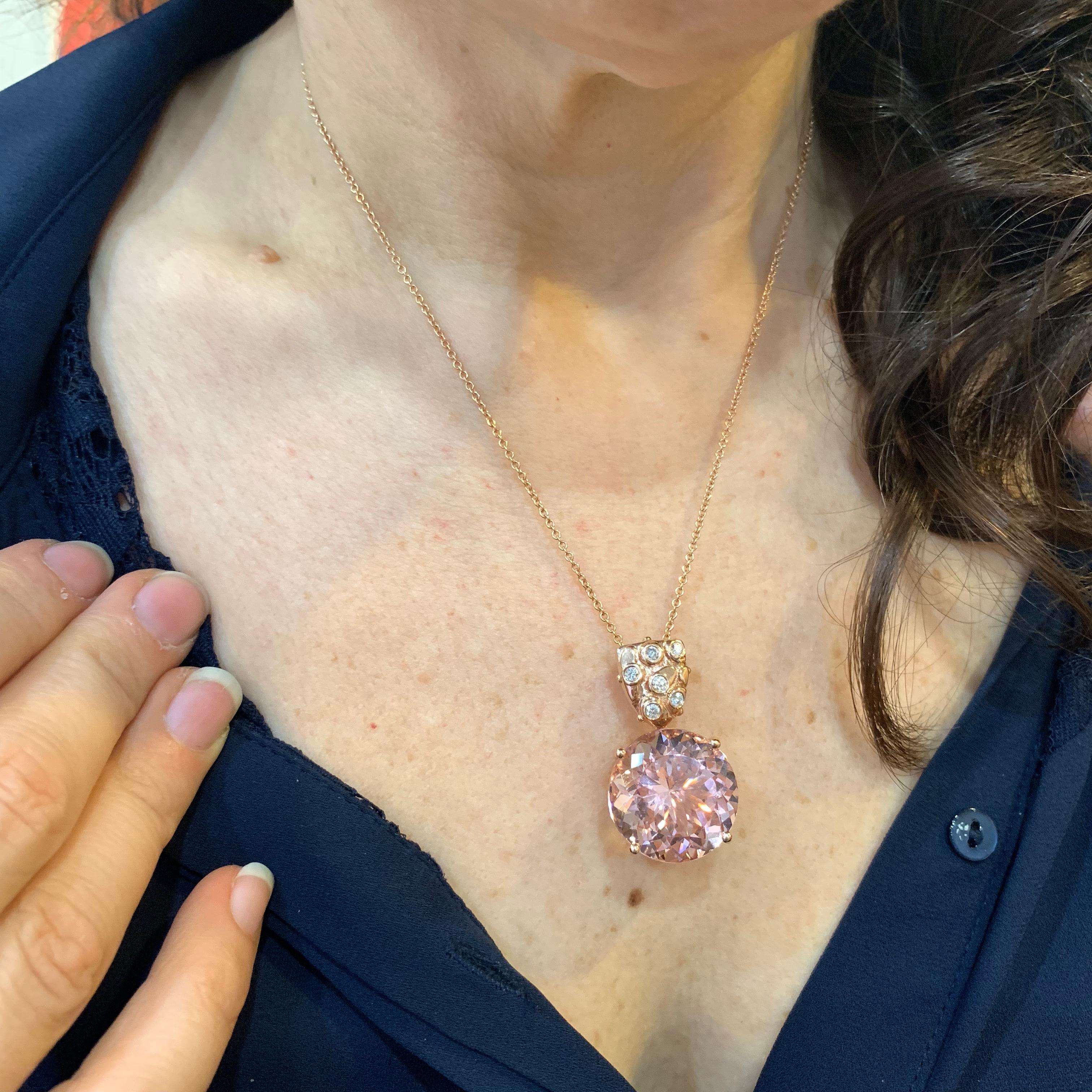 Women's 28.64 Carat Round Pink Morganite and Diamond Pendant