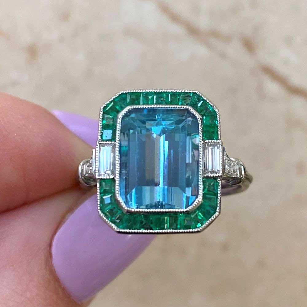 Bague cocktail aigue-marine naturelle 2,86 carats, halo d'émeraudes et de diamants 5