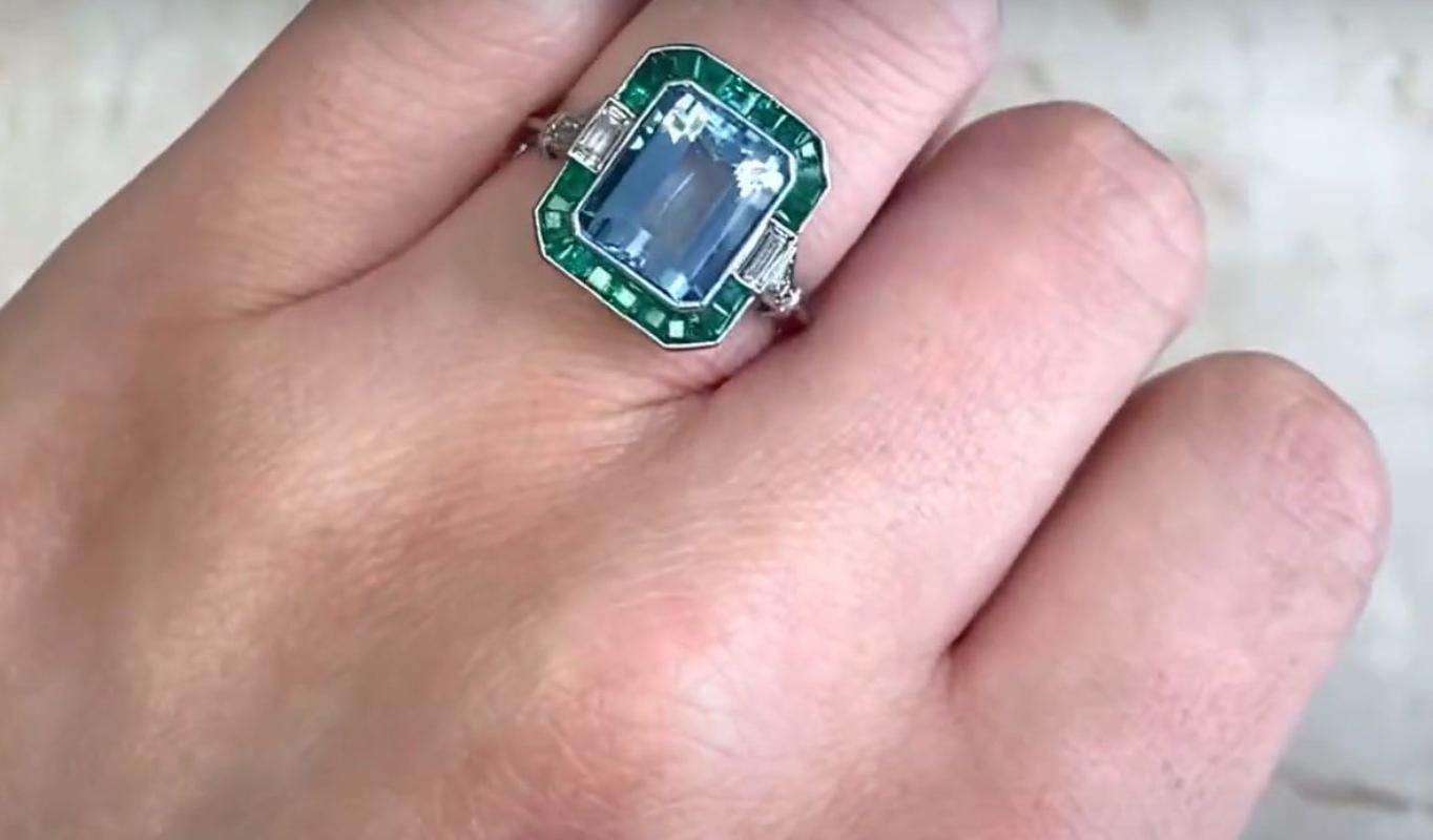 Bague cocktail aigue-marine naturelle 2,86 carats, halo d'émeraudes et de diamants 3