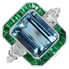 Bague cocktail aigue-marine naturelle 2,86 carats, halo d'émeraudes et de diamants