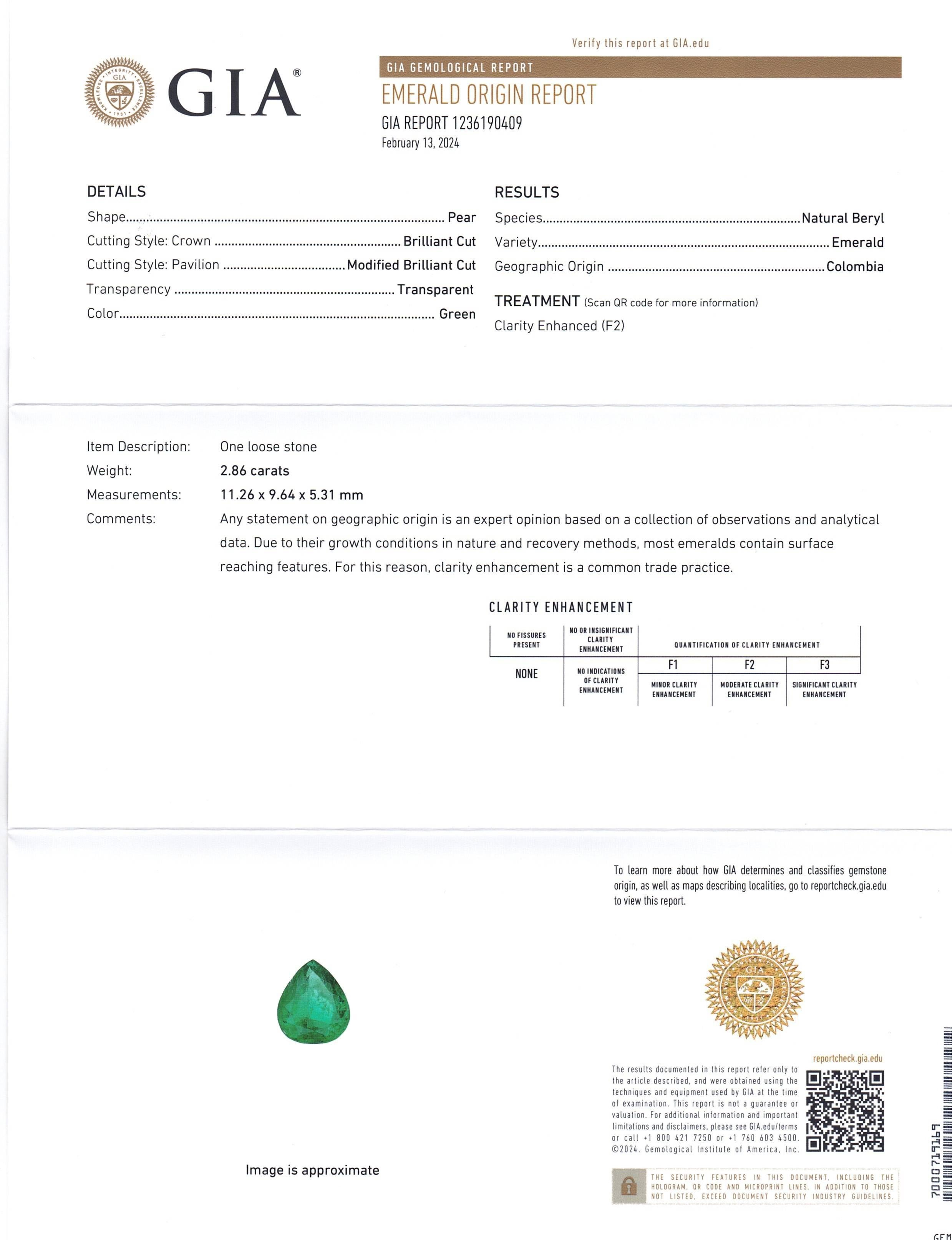 This is a stunning GIA Certified Emerald 


The GIA report reads as follows:

GIA Report Number: 1236190409
Shape: Pear
Cutting Style: 
Cutting Style: Crown: Brilliant Cut
Cutting Style: Pavilion: Modified Brilliant Cut
Transparency: