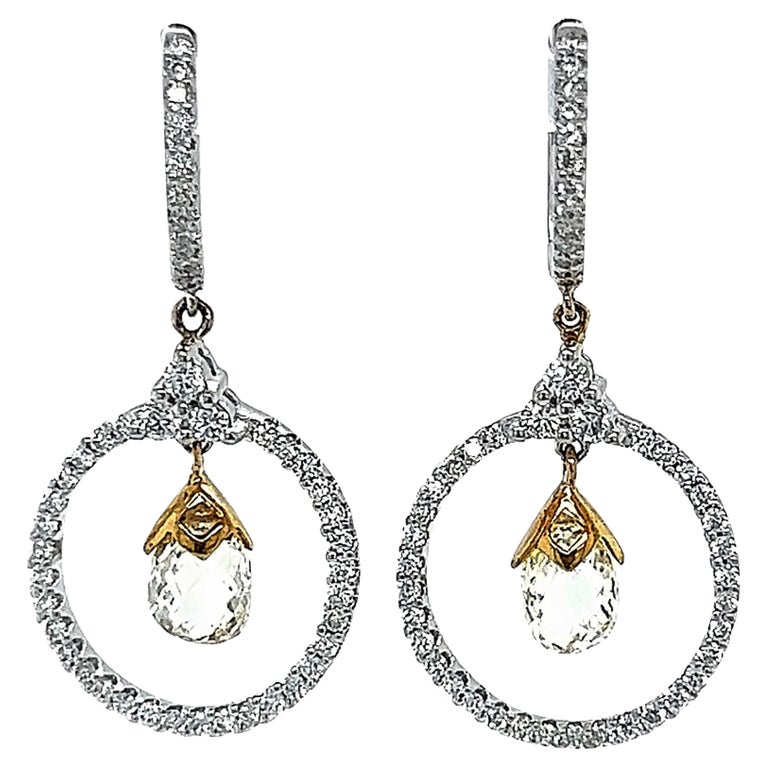 Yellow Briolette Diamond Drop Earrings 18k Two Tone For