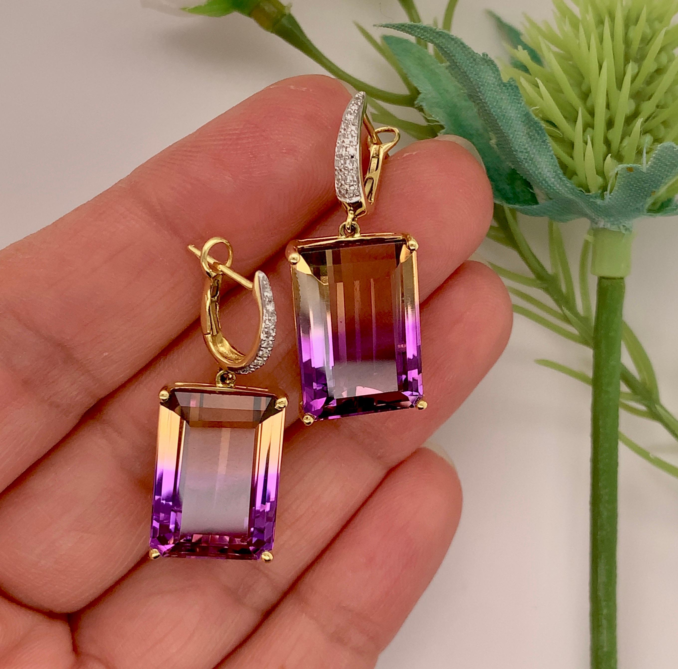 Emerald Cut 28.7 Carat Ametrine Dangling Earrings