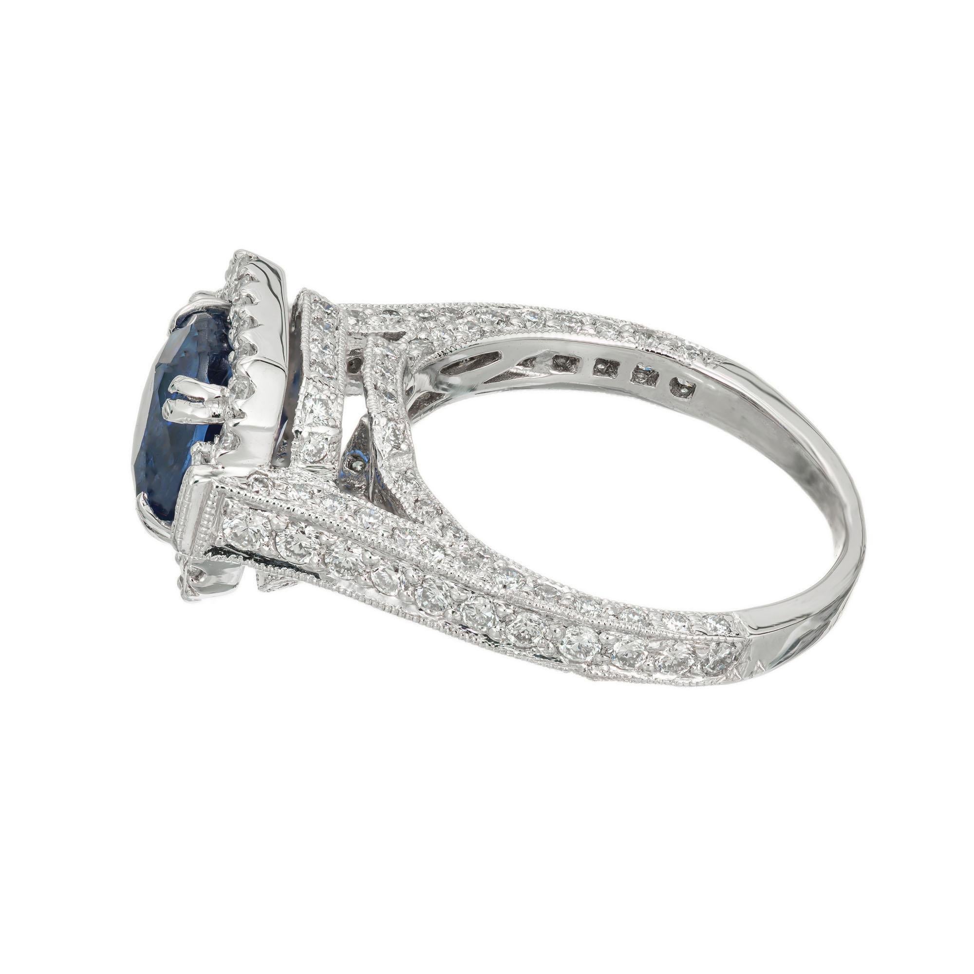 Women's 2.87 Carat Oval Blue Sapphire Diamond Halo Platinum Engagement Ring For Sale