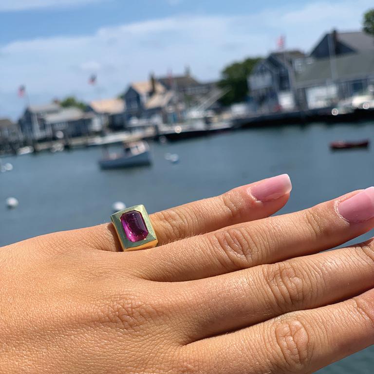 Susan Lister Locke 2.87 Carat Pink Tourmaline set in 18K Gold Greek Signet Ring In New Condition For Sale In Nantucket, MA