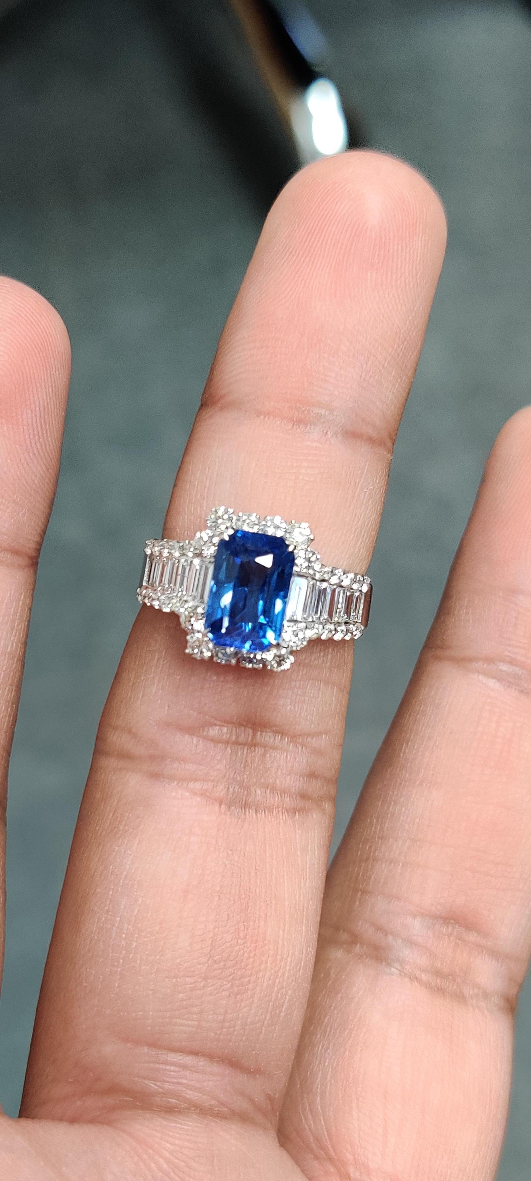 Radiant Cut 2.87 Carat Ceylon Blue Sapphire Diamond Cocktail Ring For Sale