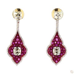 2.87 Carat Cushion Cut Diamond Ruby Gold Earrings