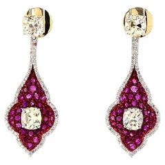 2.87 Carat Cushion Cut Diamond Ruby Gold Earrings
