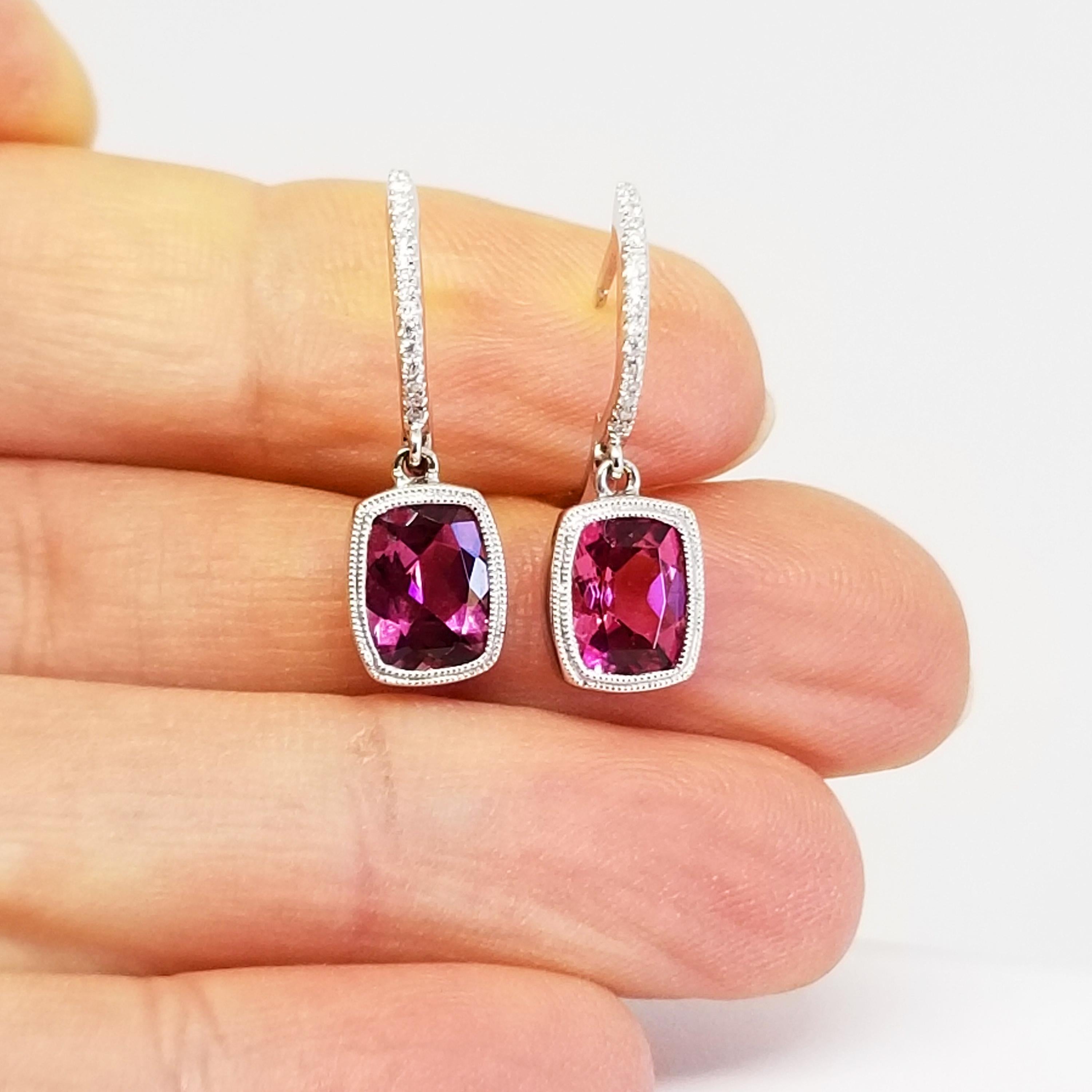 Cushion Cut 2.87 Carat Cushion Pink Tourmaline White Diamond Mini Hoop Drop Earrings For Sale