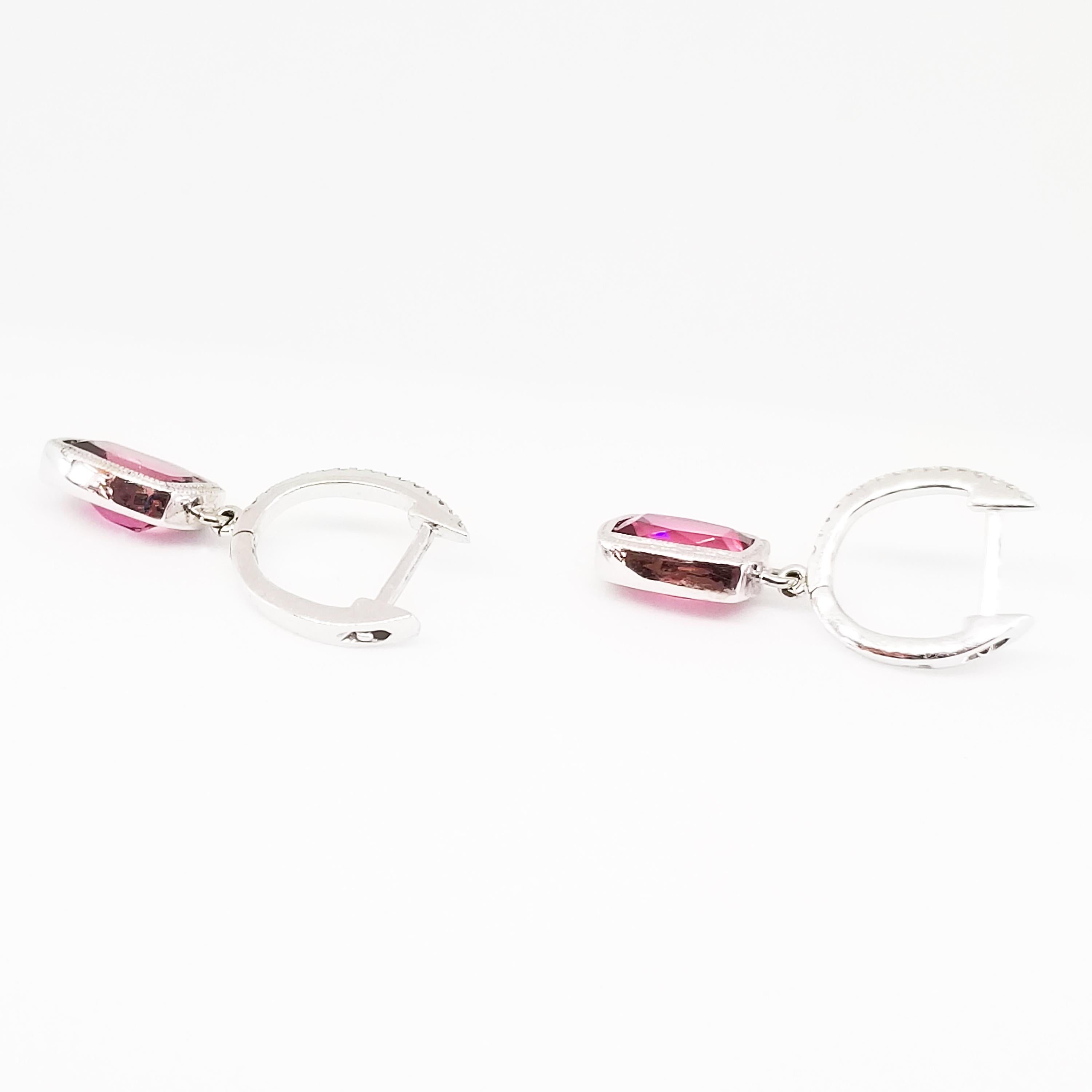 2.87 Carat Cushion Pink Tourmaline White Diamond Mini Hoop Drop Earrings In New Condition For Sale In Lambertville , NJ