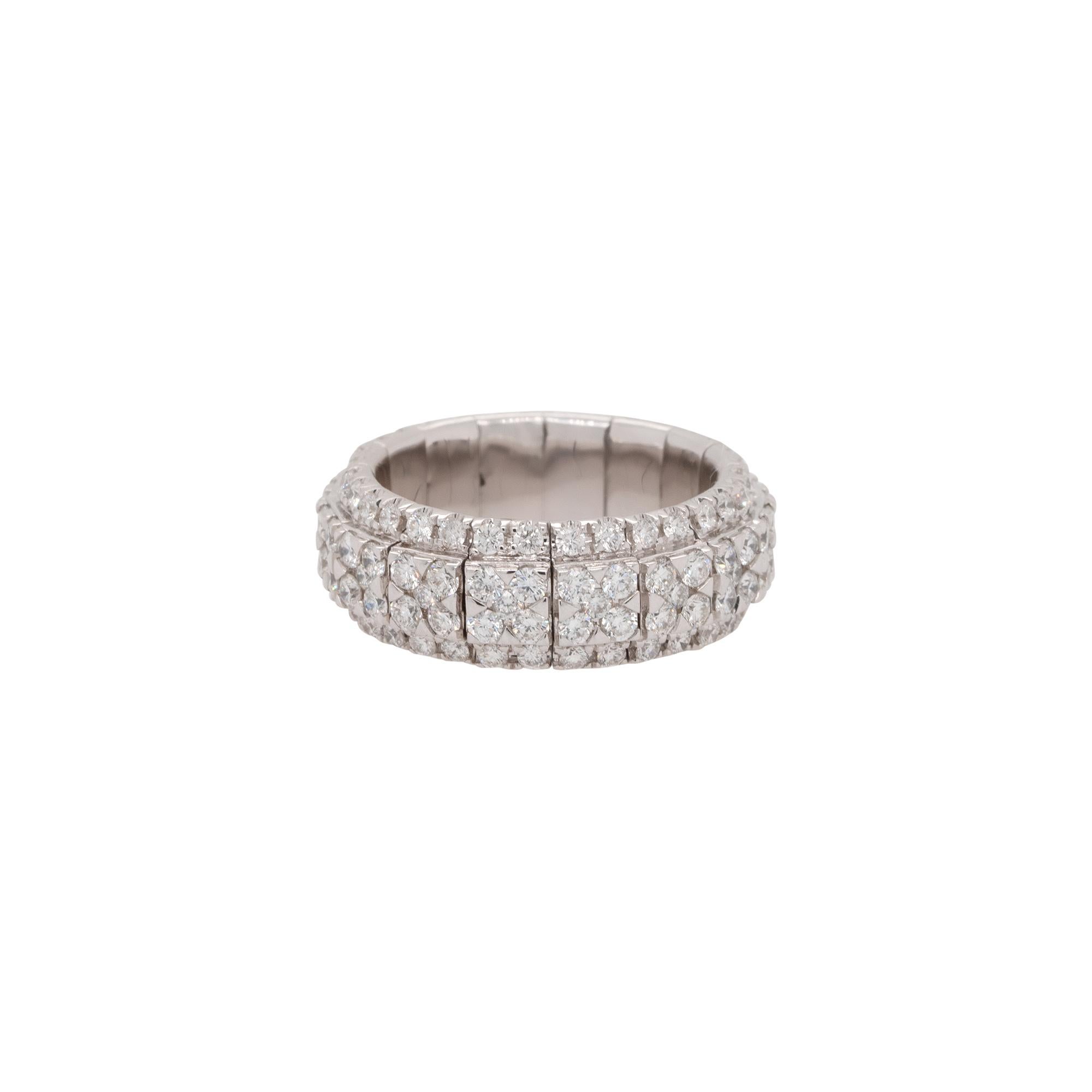 Material: 18k white gold
Diamond Details: Approximately 2.59ctw of Round Diamonds. Diamonds are G/H in color and VS in clarity.
Item Weight: 9.1g (5.9dwt)
Ring Measurement: Ring Size 6.5-7.5 
Additional Detail: This item comes with a  presentation