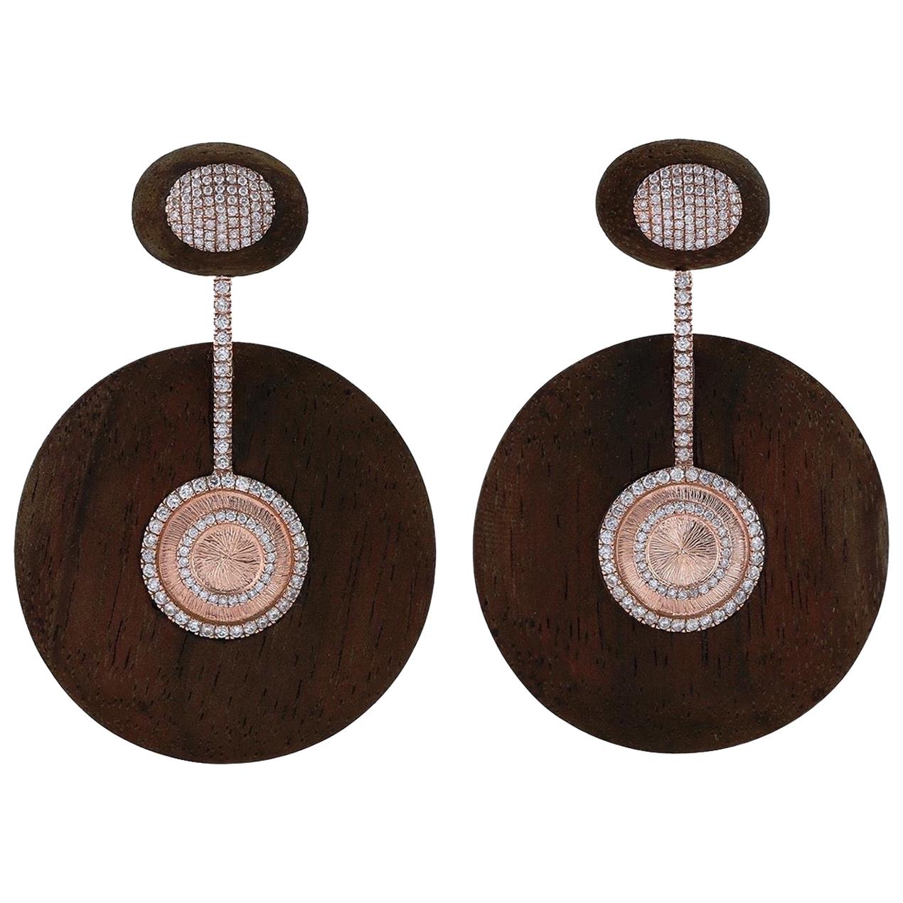 Boucles d'oreilles en bois et or 18 carats avec diamants de 2,87 carats