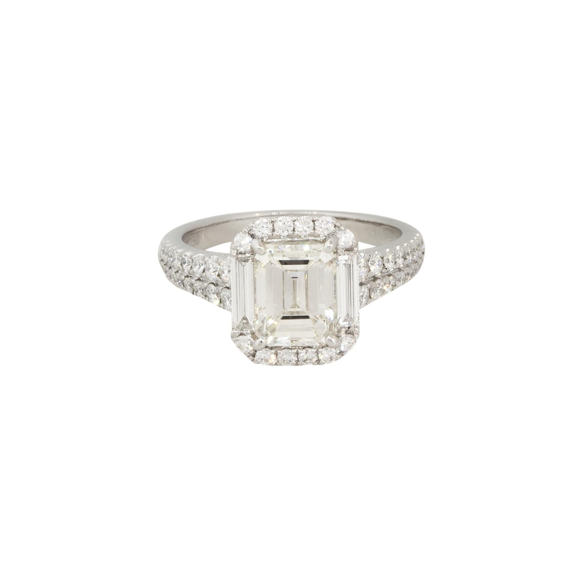 2.87 Carat Emerald Cut Diamond Halo Engagement Ring 18 Karat in Stock In Excellent Condition For Sale In Boca Raton, FL