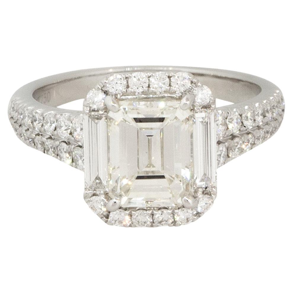 2.87 Carat Emerald Cut Diamond Halo Engagement Ring 18 Karat in Stock For Sale