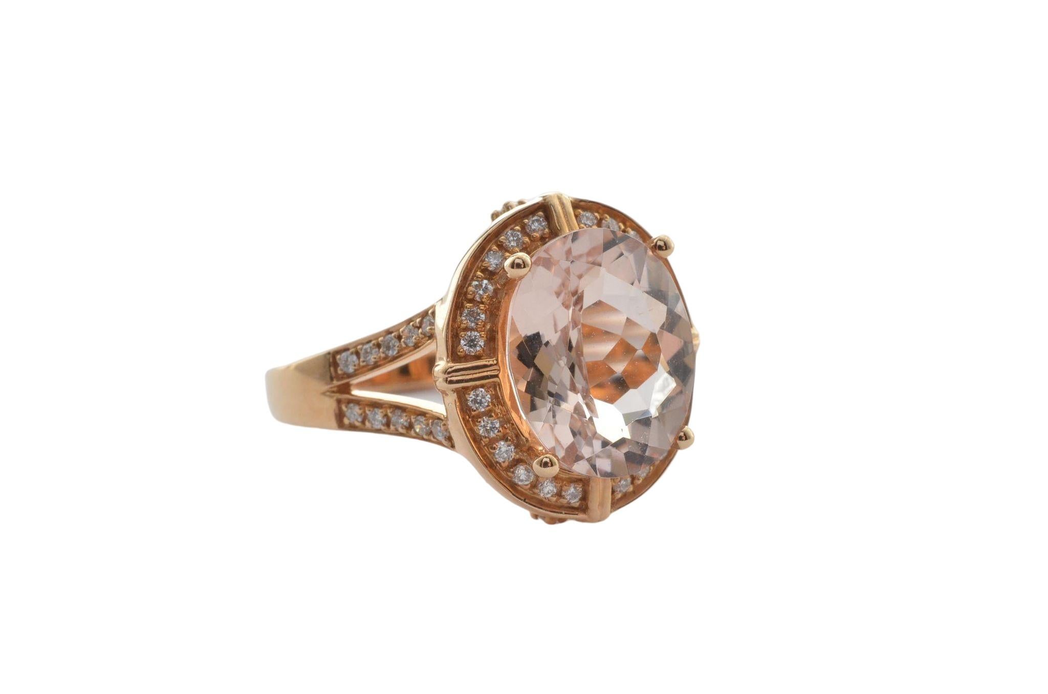 This collection features an array of magnificent morganites! Accented with Diamond these rings are made in rose gold and present a classic yet elegant look. 

Classic morganite ring in 18K Rose gold with Diamond. 

Morganite: 2.87 carat, 11X9mm