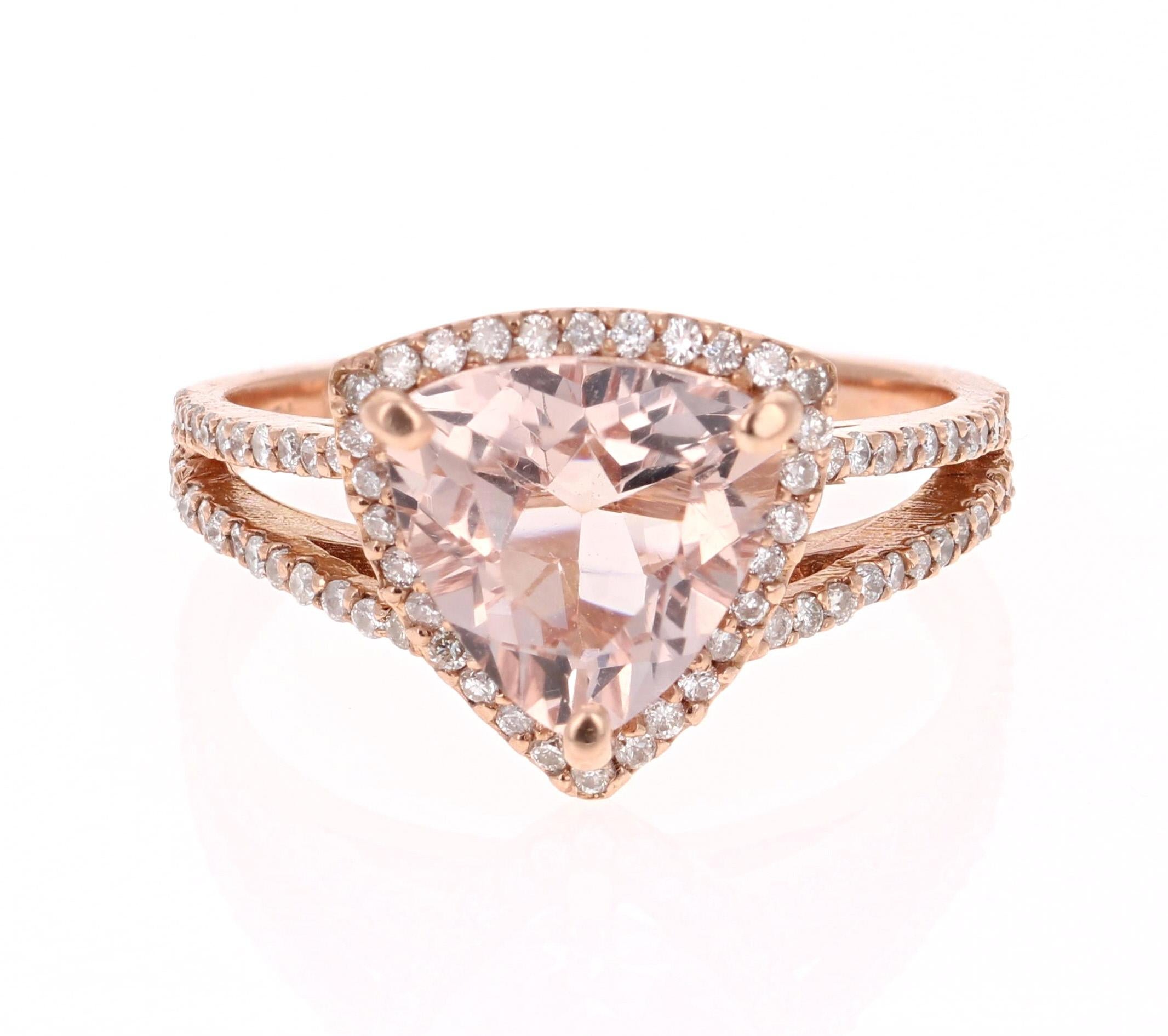 Contemporary 2.87 Carat Morganite Diamond 14 Karat Rose Gold Halo Ring For Sale