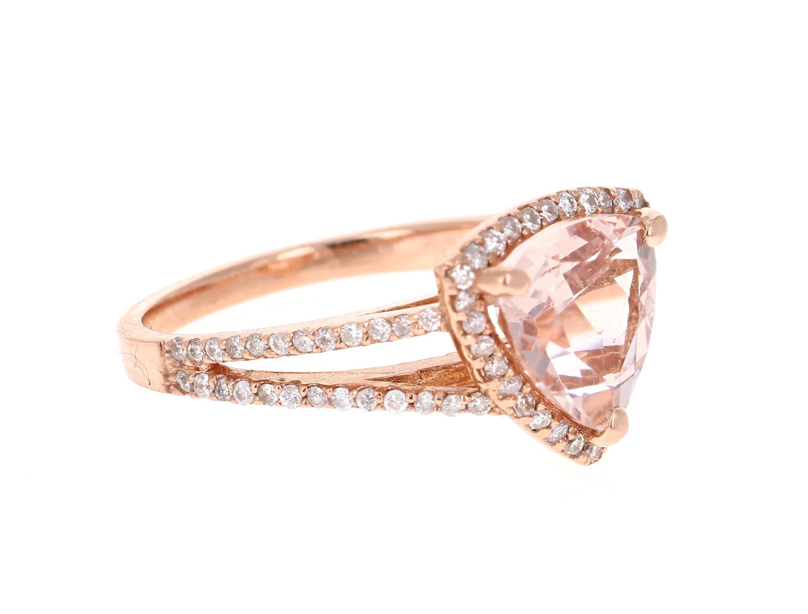 Trillion Cut 2.87 Carat Morganite Diamond 14 Karat Rose Gold Halo Ring For Sale