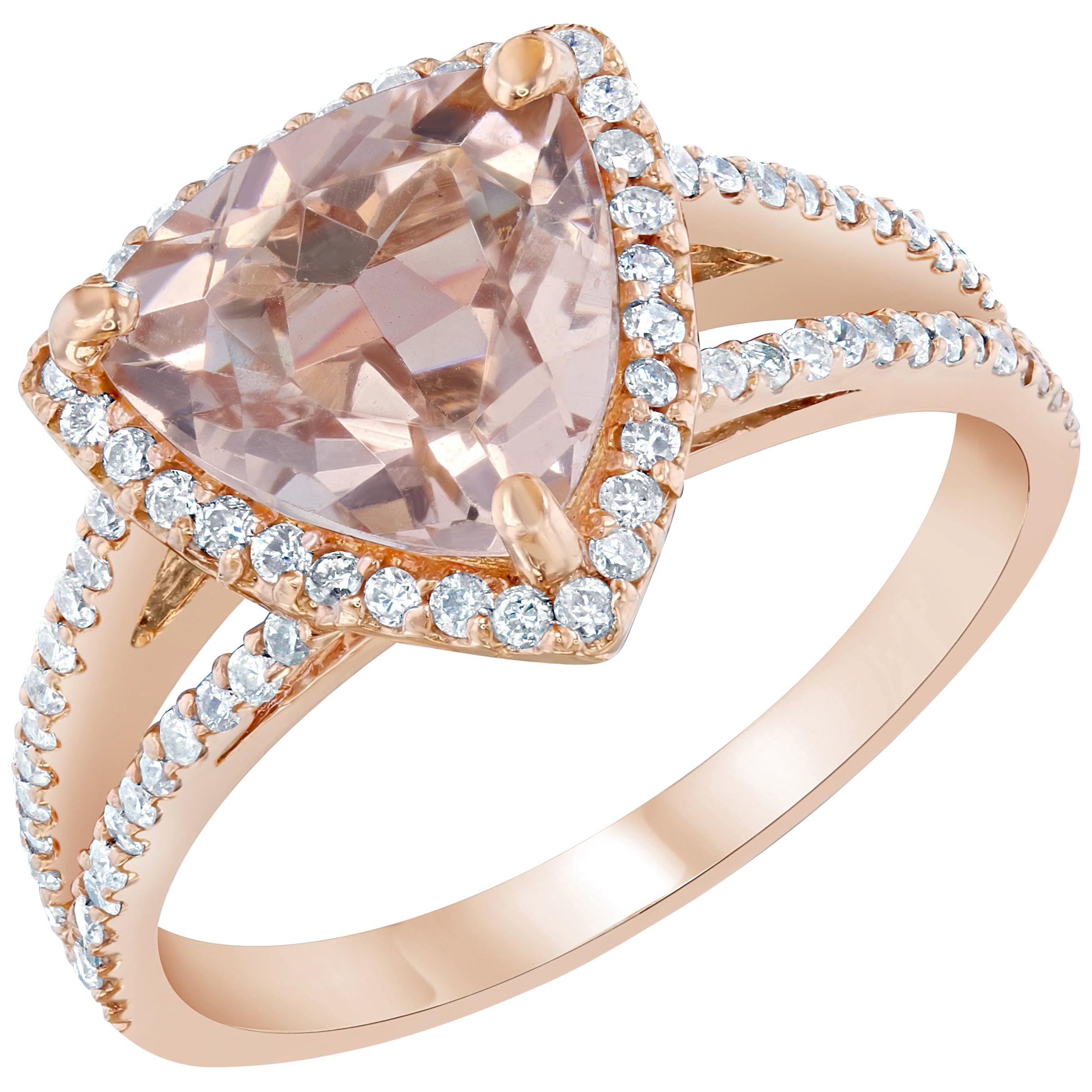 2.87 Carat Morganite Diamond 14 Karat Rose Gold Halo Ring For Sale