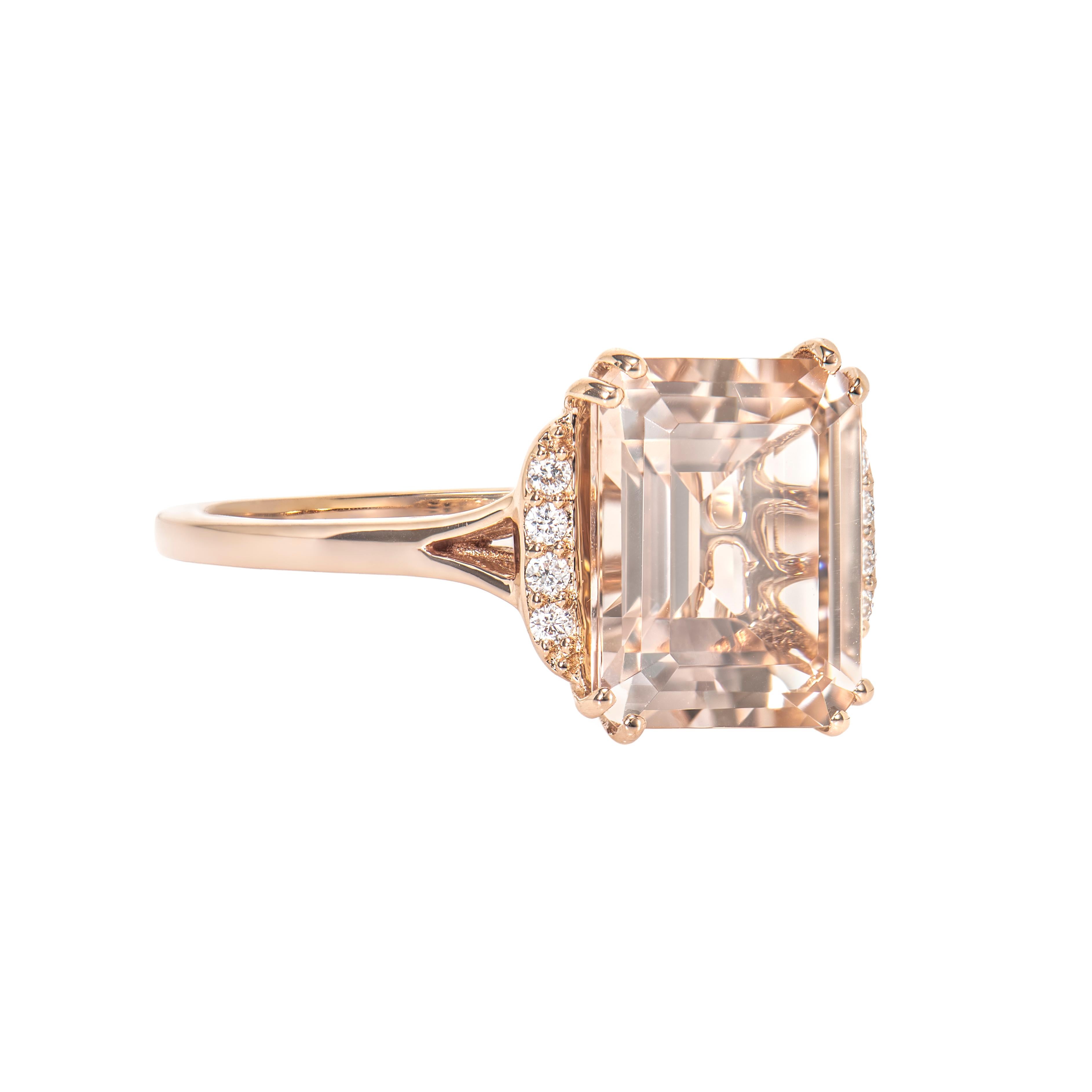 This collection includes a range of Morganite, which is a symbol of love and relationships, making it an excellent choice for a variety of applications. Accented with White Diamonds this ring is made in Rose Gold and present a classic yet elegant