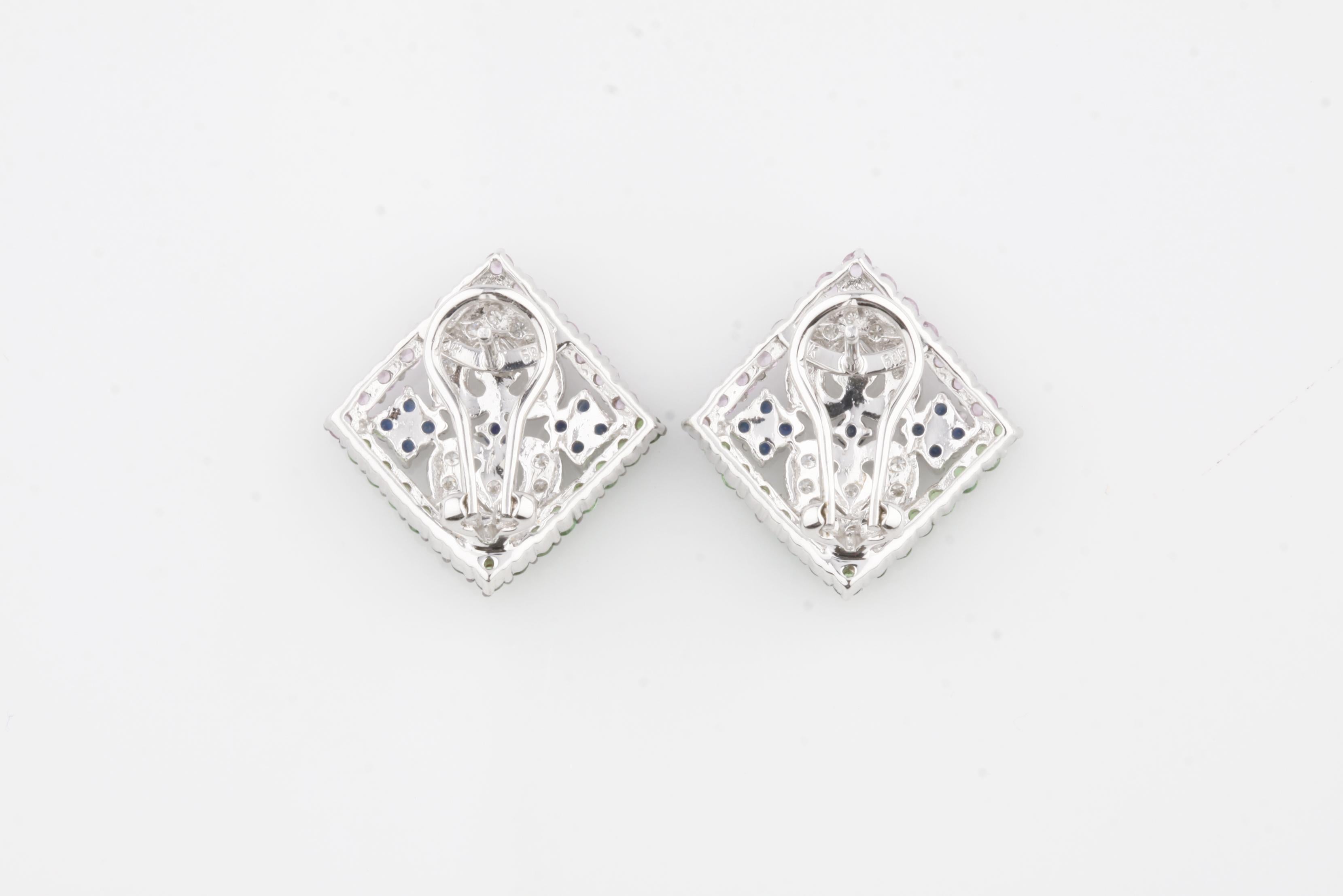 Modern 2.87 Carat Multi-Color Sapphire and Diamond Plaque Huggie Earrings in White Gold For Sale