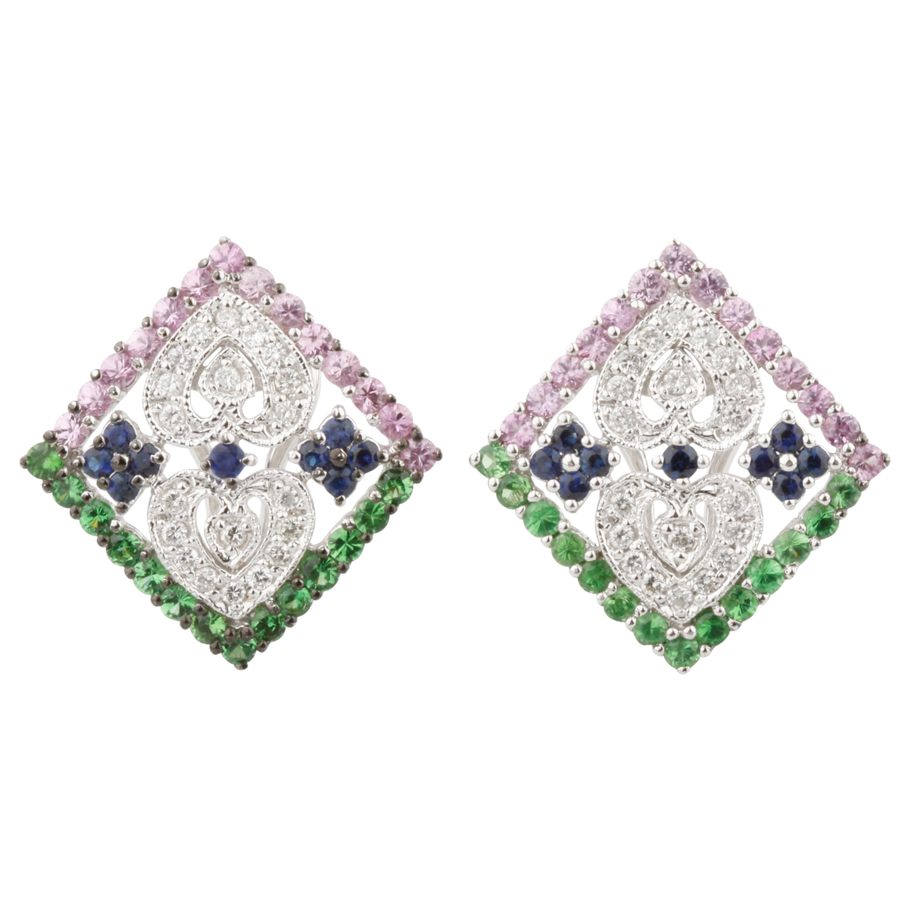 2.87 Carat Multi-Color Sapphire and Diamond Plaque Huggie Earrings in White Gold For Sale
