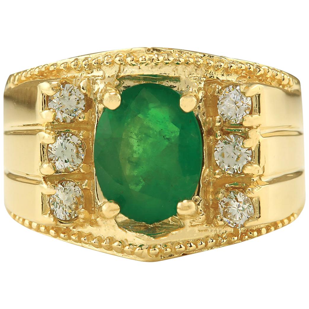 Men's Natural Emerald Diamond Ring In 14 Karat Yellow Gold  For Sale