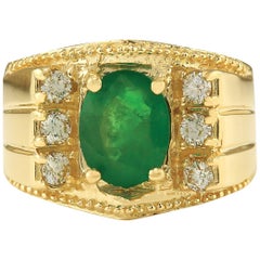Men's Natural Emerald Diamond Ring In 14 Karat Yellow Gold 