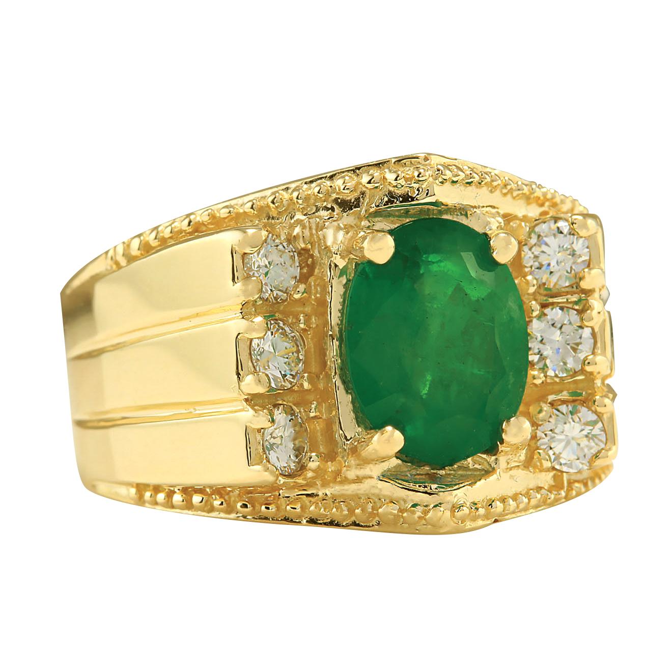 Stamped: 14K Yellow Gold
Total Ring Weight: 12.4 Grams
Total Natural Emerald Weight is 2.27 Carat (Measures: 9.00x7.00 mm)
Color: Green
Total Natural Diamond Weight is 0.60 Carat
Color: F-G, Clarity: VS2-SI1
Face Measures: 15.20x16.80 mm
Sku: