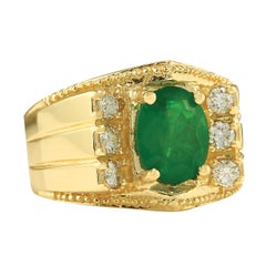 Men's Natural Emerald Diamond Ring In 14 Karat Yellow Gold