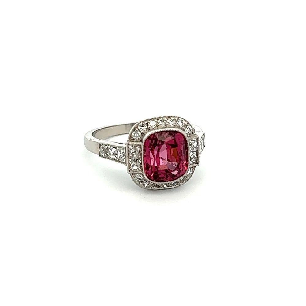 Simply Beautiful! Finely detailed Natural Red NO HEAT Spinel GIA and Diamond Platinum Vintage Cocktail Ring. Centering a securely nestled Hand set Fabulous Red Spinel GIA, weighing 2.87 Carats. GIA #6223862799. Surrounded by14 OEC Diamonds, approx.