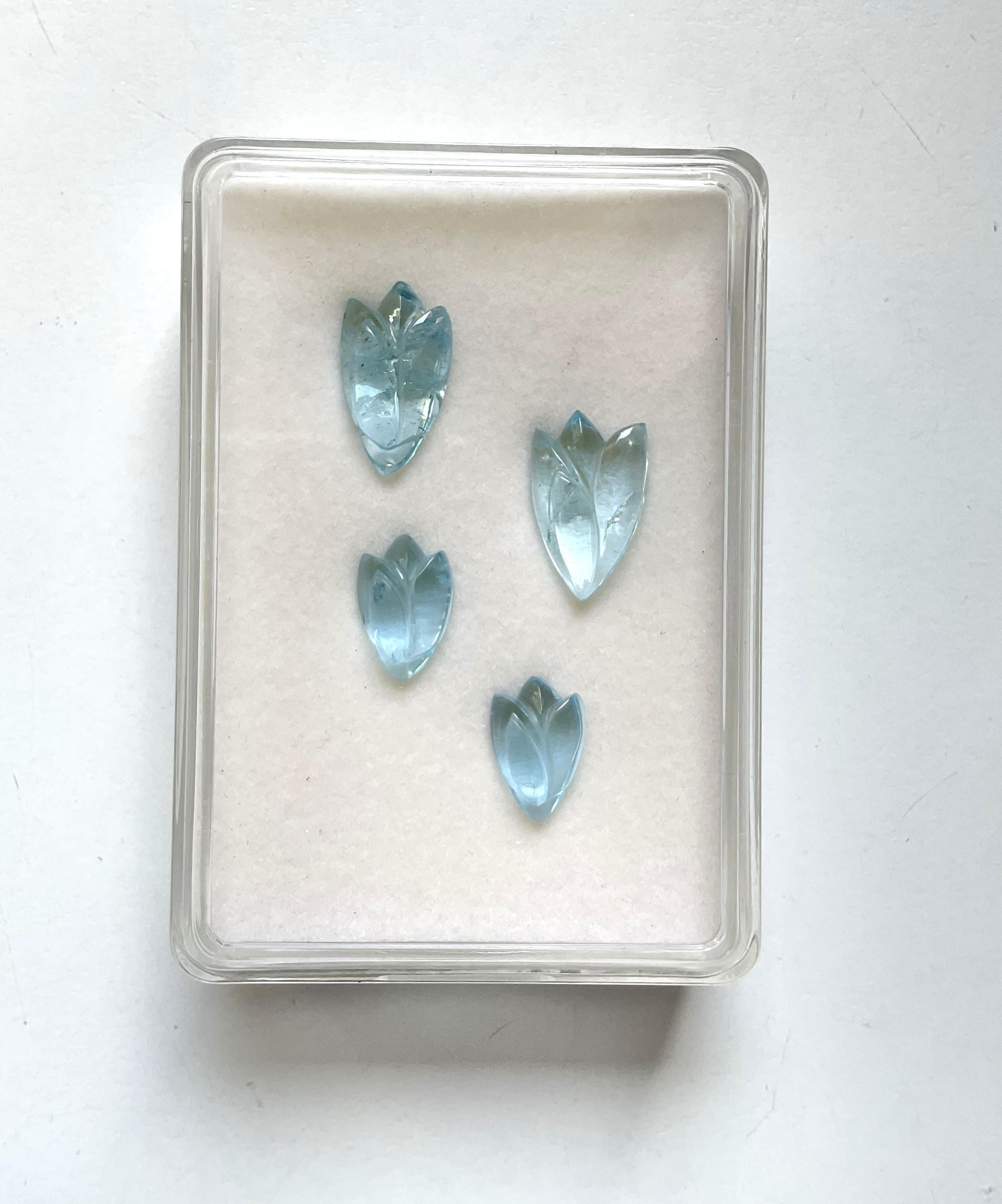 Art Deco 28.71 carats aquamarine petal carving 4 pieces set for jewelry natural gemstone For Sale
