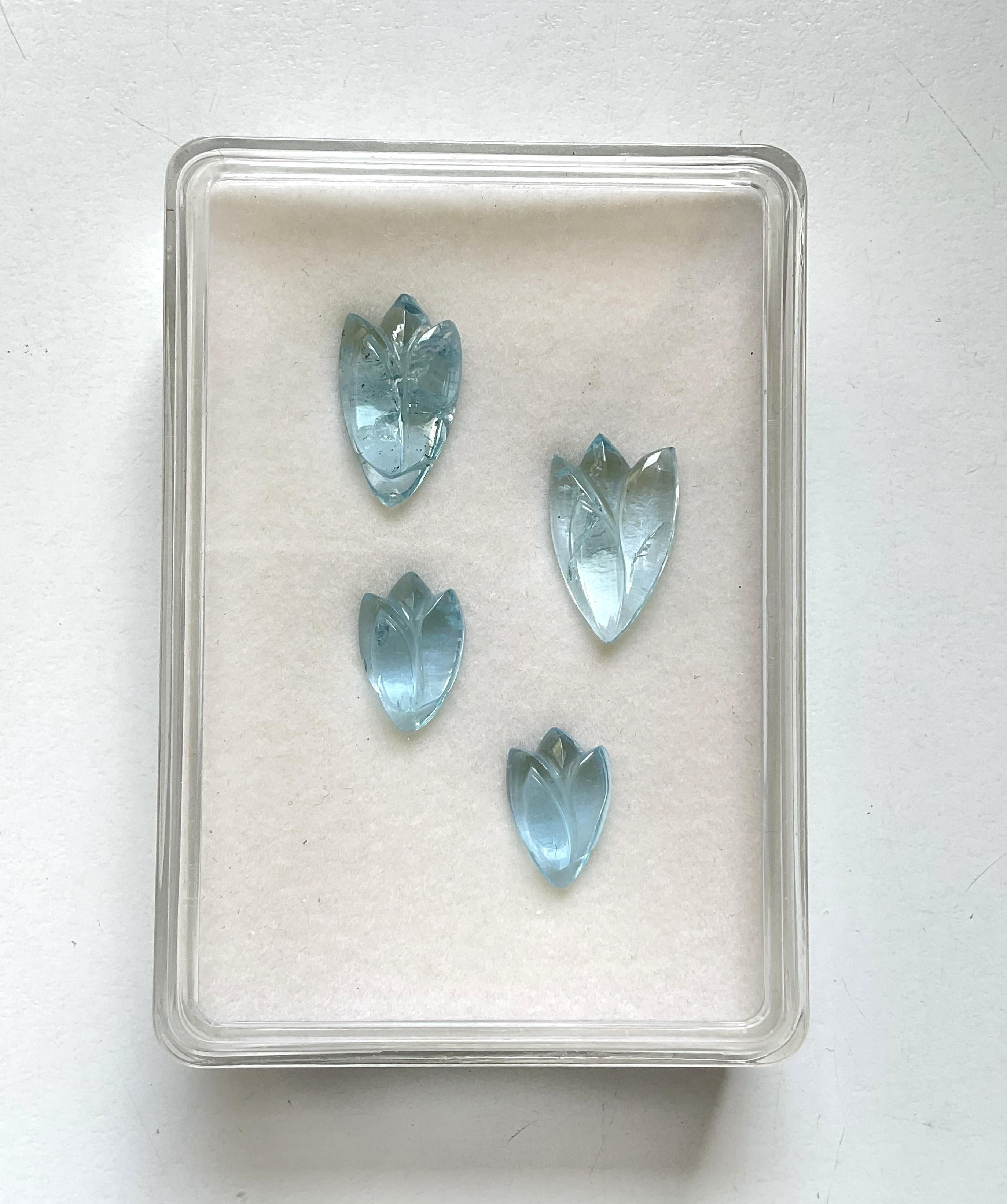 Shield Cut 28.71 carats aquamarine petal carving 4 pieces set for jewelry natural gemstone For Sale