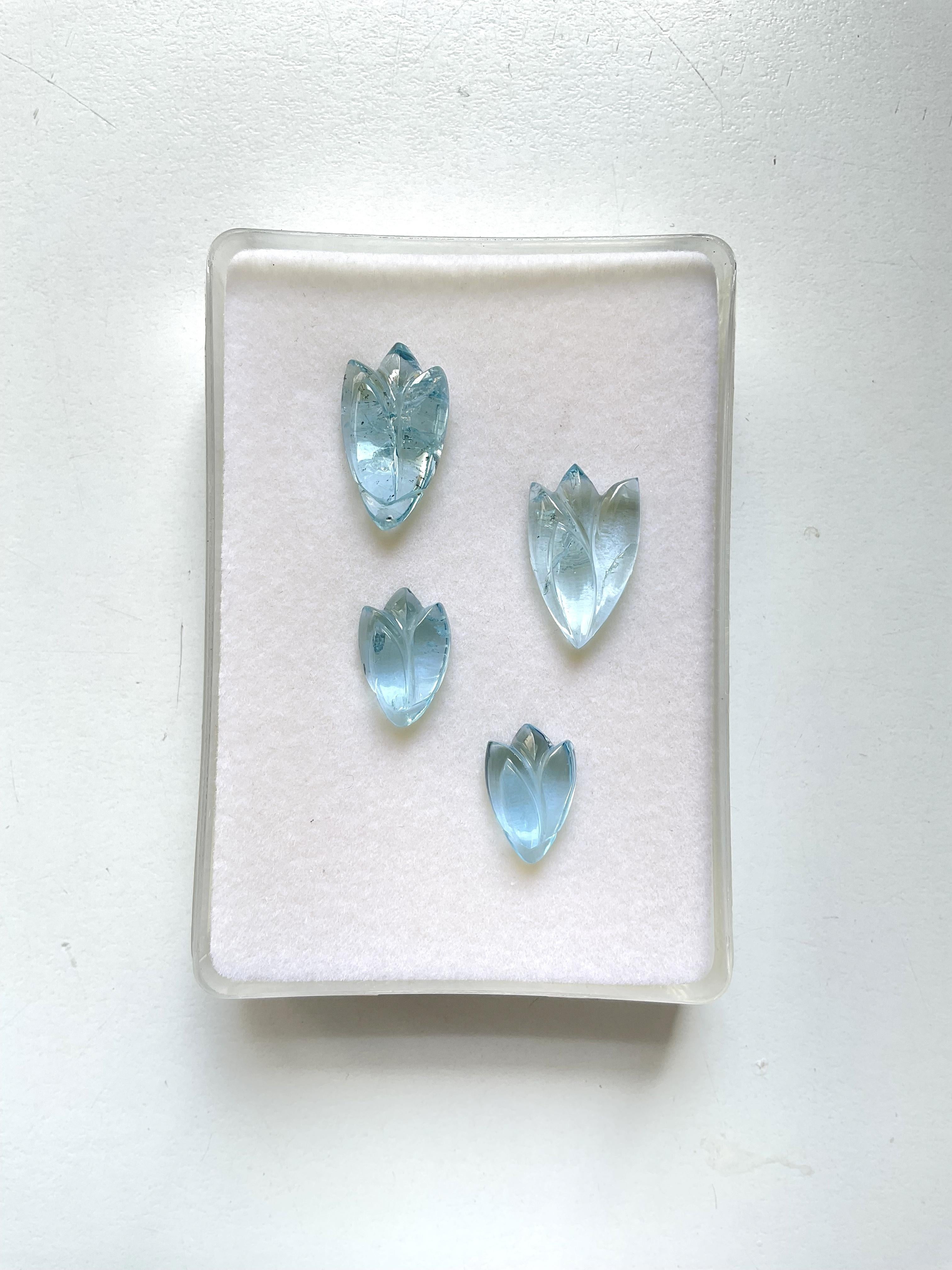Women's or Men's 28.71 carats aquamarine petal carving 4 pieces set for jewelry natural gemstone For Sale