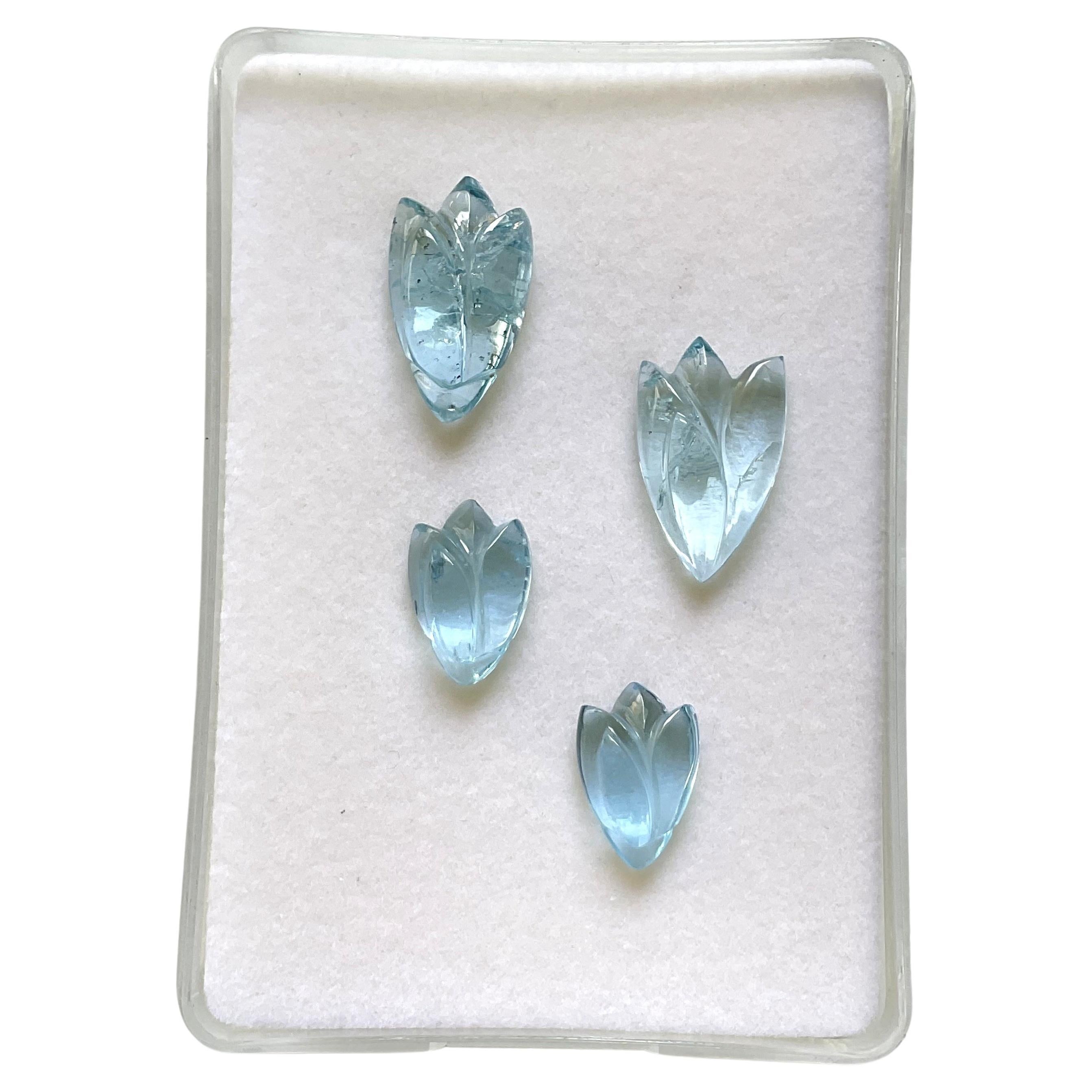 28.71 carats aquamarine petal carving 4 pieces set for jewelry natural gemstone For Sale