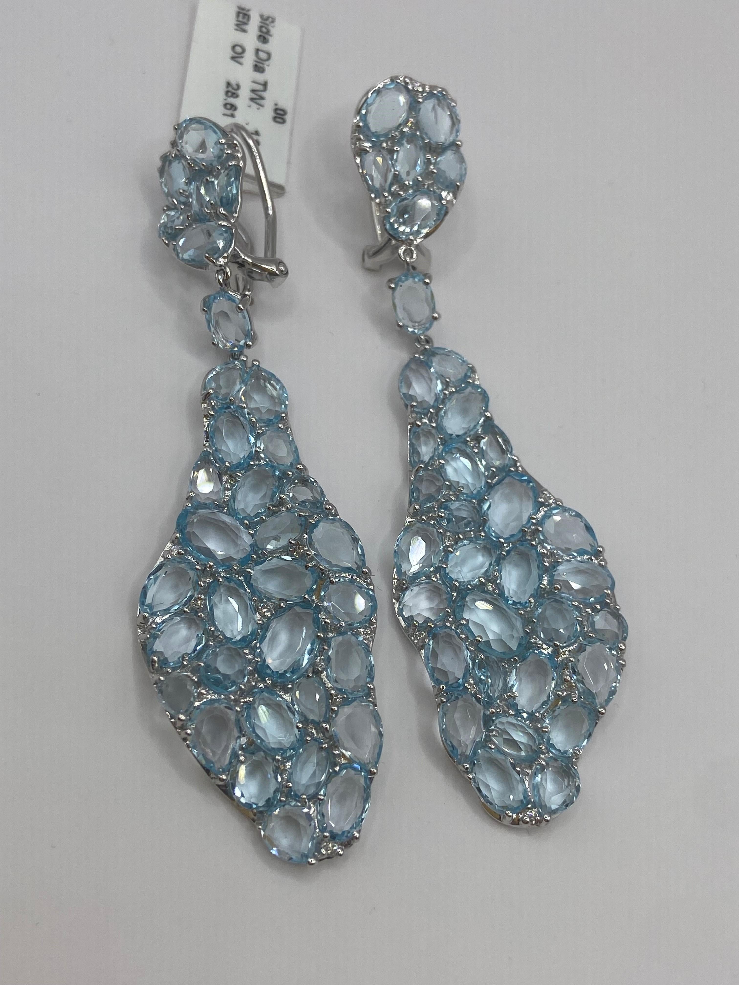 Women's or Men's 28.74ct Rose Cut Blue Topaz Earrings in 18KT White Gold For Sale
