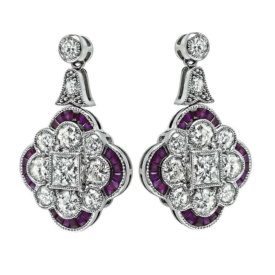 Pendientes de diamante de 2,87 ct y rubí de 1,22 ct Corte redondo en venta