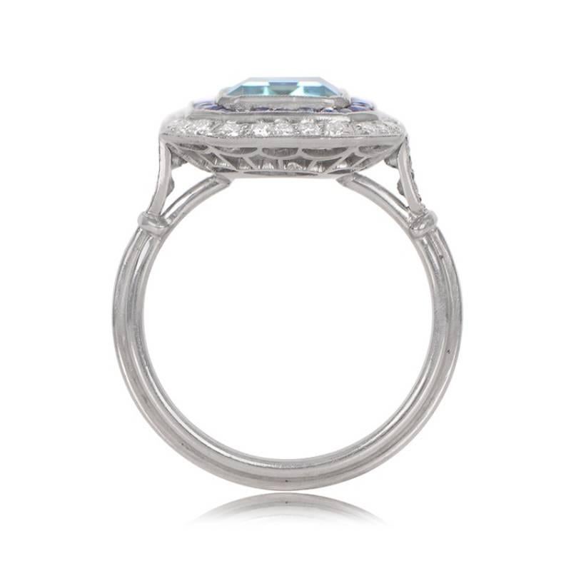 Women's 3.12ct Emerald Cut Aquamarine Cocktail Ring, Diamond & Sapphire Halo, Platinum For Sale