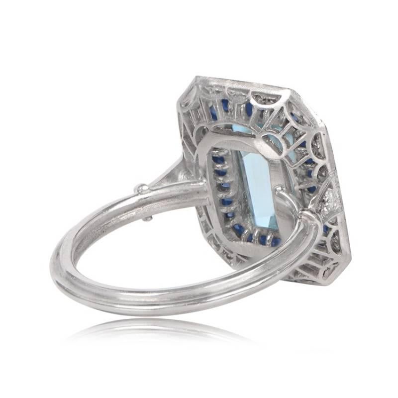 Art Deco 3.12ct Emerald Cut Aquamarine Cocktail Ring, Diamond & Sapphire Halo, Platinum For Sale