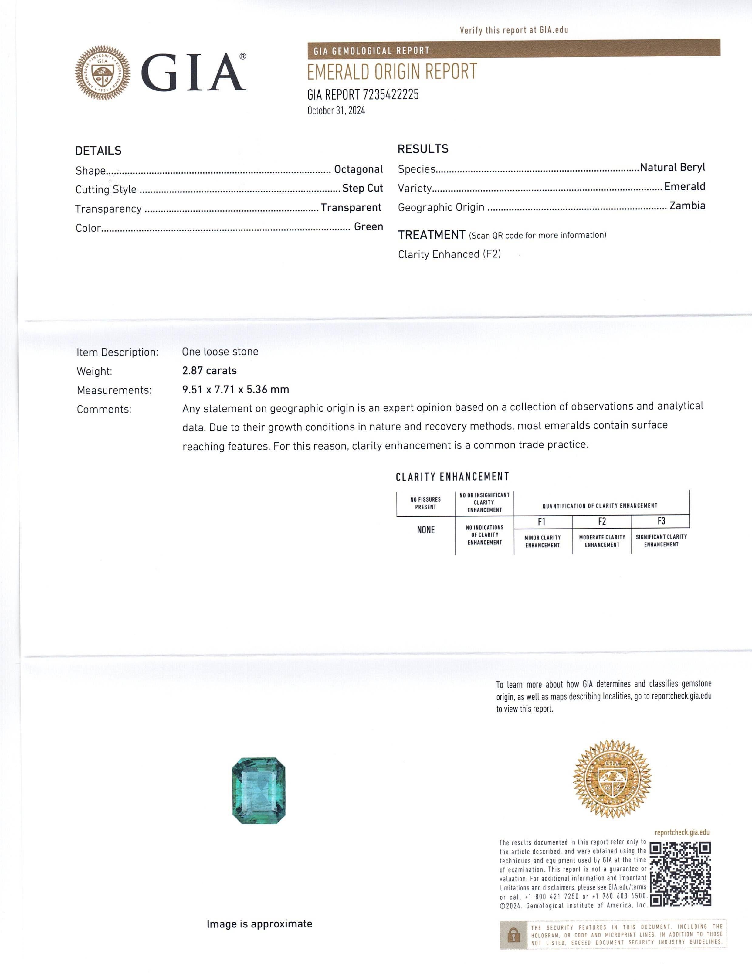 This is a stunning GIA Certified Emerald 


The GIA report reads as follows:

GIA Report Number: 7235422225
Shape: Octagonal
Cutting Style: Step Cut
Cutting Style: Crown: 
Cutting Style: Pavilion: 
Transparency: Transparent
Colour: