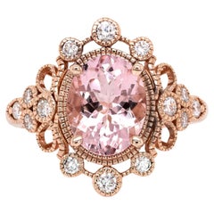 2,87cts Cor De Rosa Morganite w Earth Mined Diamonds Anillo en Oro Macizo de 14K