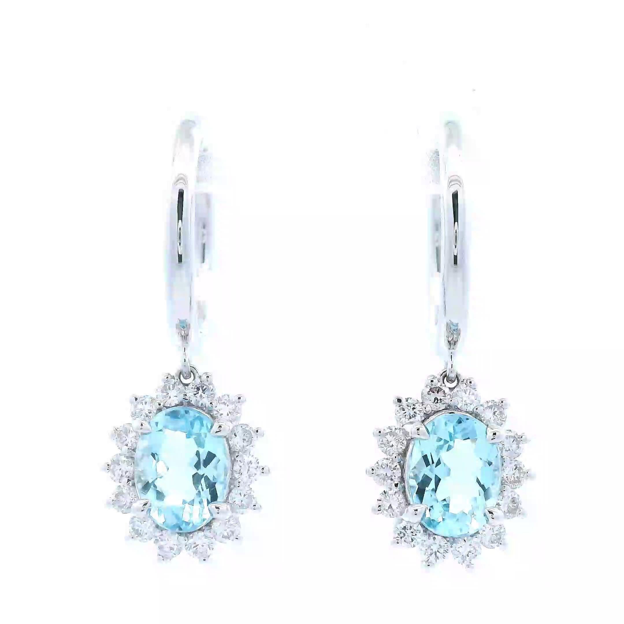 Contemporary 2.87ctt Oval Aquamarine & Diamond Earrings White Gold For Sale