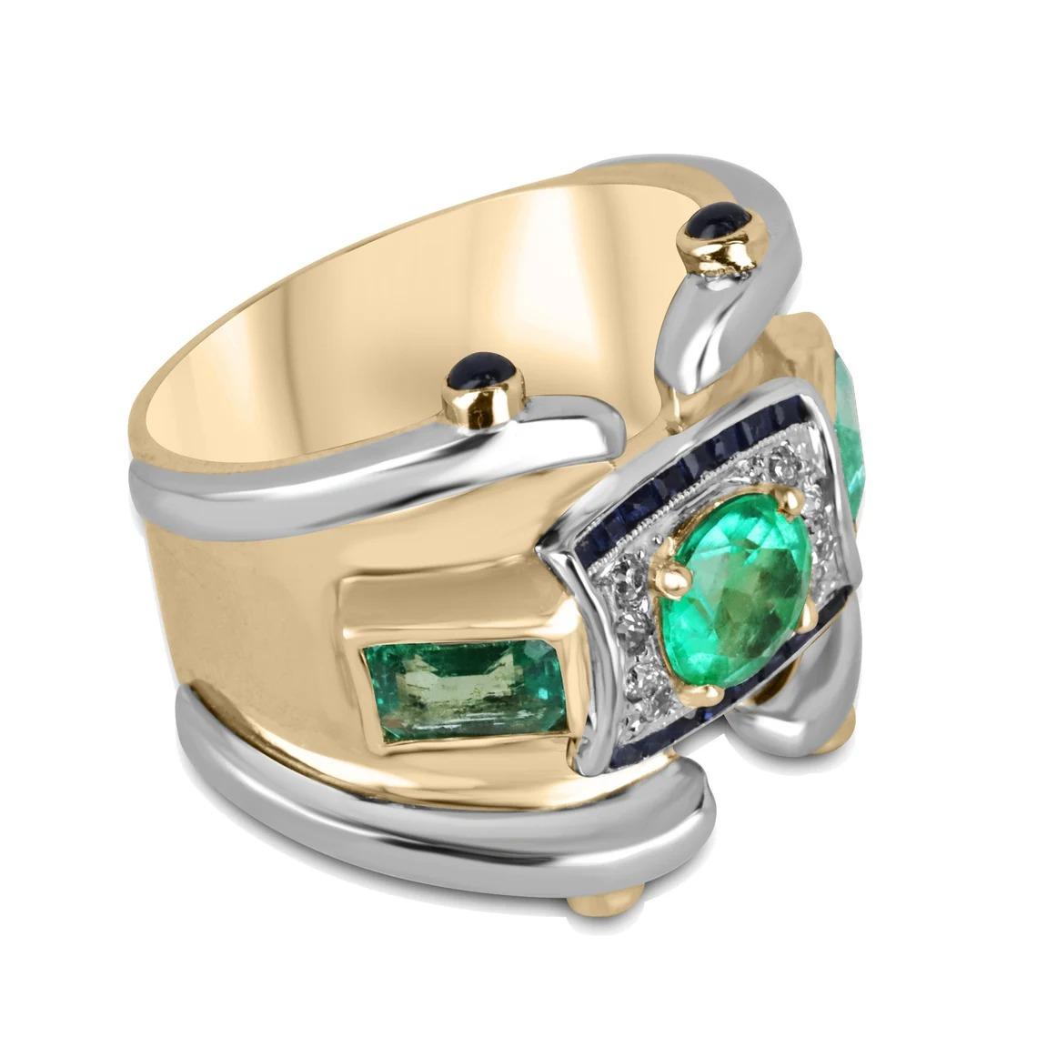 This exquisite ring features a stunning round-cut Colombian emerald as its centerpiece, displaying a vivid and remarkable green hue. Flanking the center gemstone are two emerald-cut emeralds set in an east-to-west orientation, adding an elegant