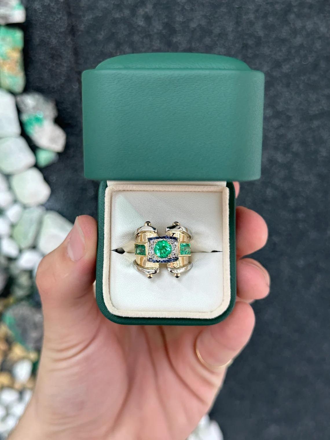 Round Cut 2.87tcw 14K Multi-Gemstone Vivid Green Emerald, Diamond, & Sapphire Icon Ring For Sale
