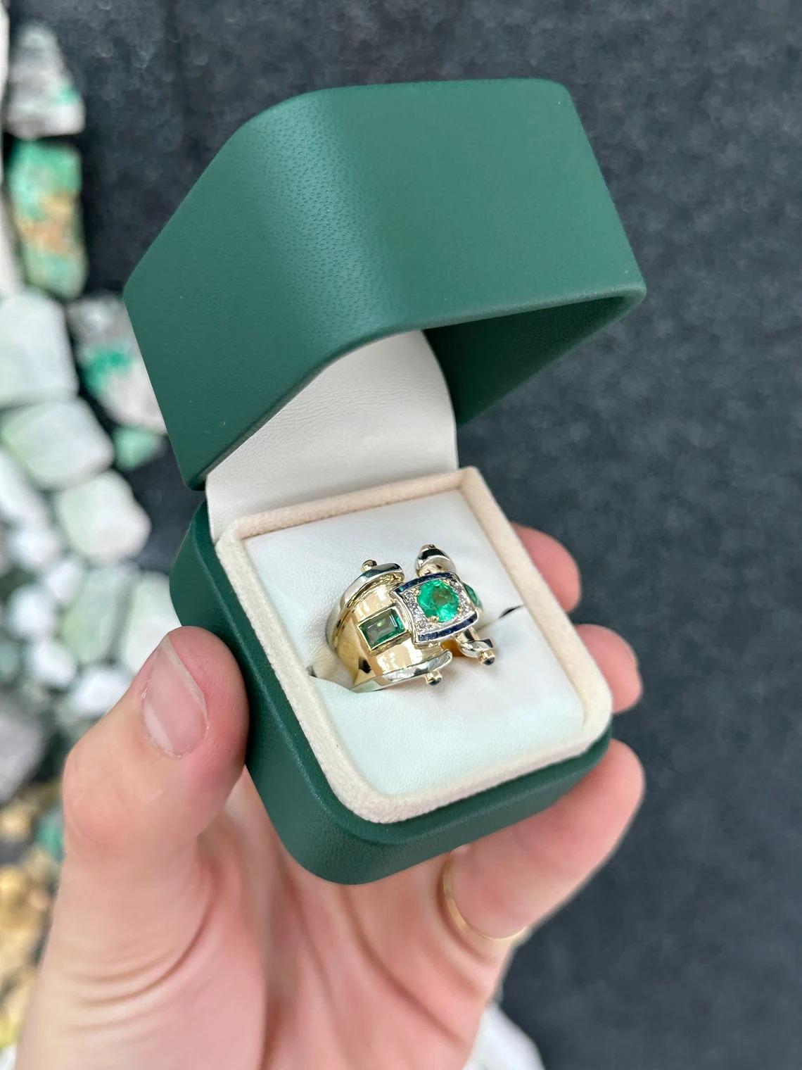 2.87tcw 14K Multi-Gemstone Vivid Green Emerald, Diamond, & Sapphire Icon Ring In New Condition For Sale In Jupiter, FL
