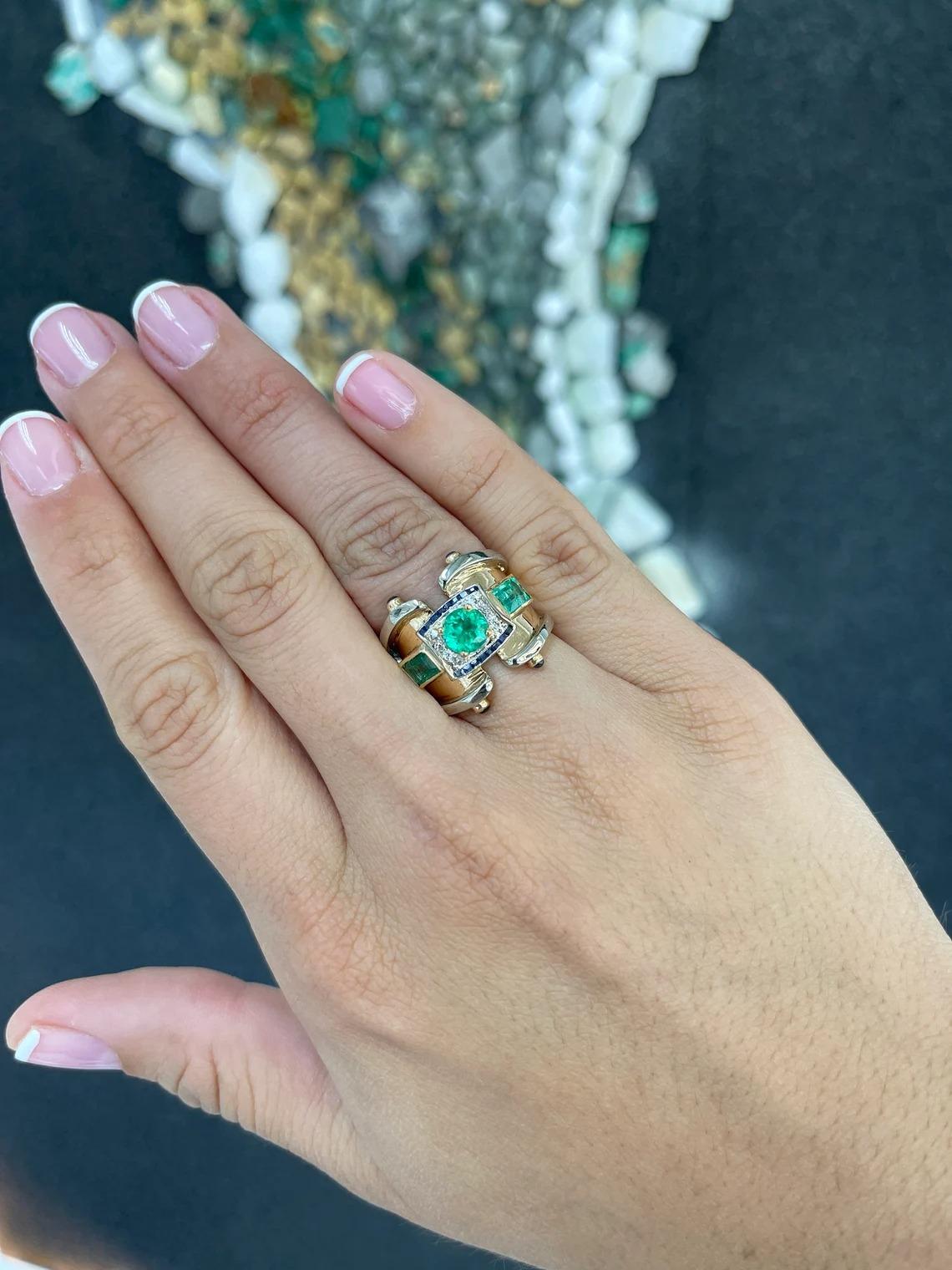 Women's 2.87tcw 14K Multi-Gemstone Vivid Green Emerald, Diamond, & Sapphire Icon Ring For Sale