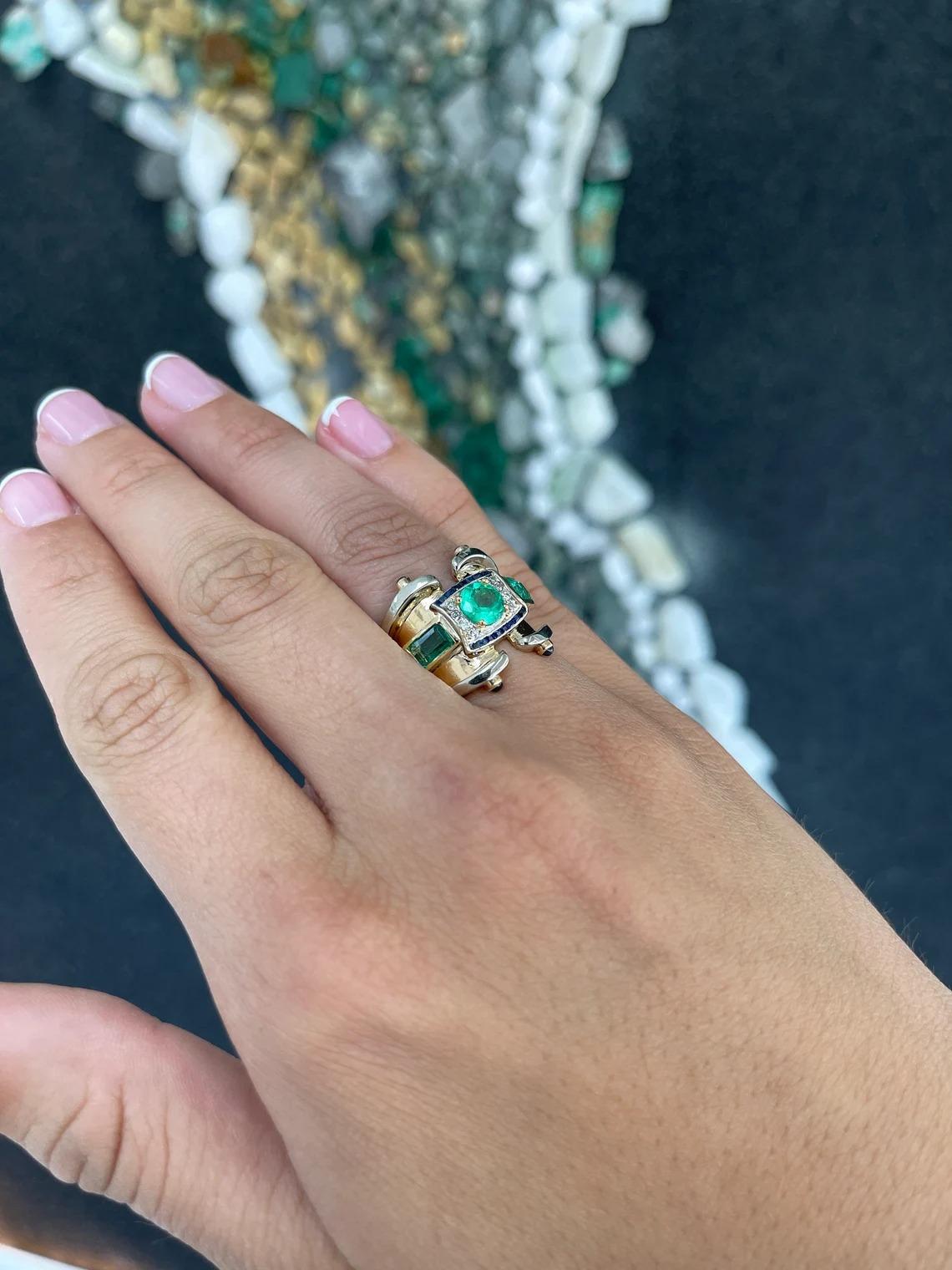 2.87tcw 14K Multi-Gemstone Vivid Green Emerald, Diamond, & Sapphire Icon Ring For Sale 1
