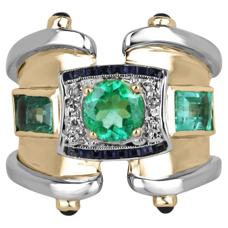 2.87tcw 14K Multi-Gemstone Vivid Green Emerald, Diamond, & Sapphire Icon Ring