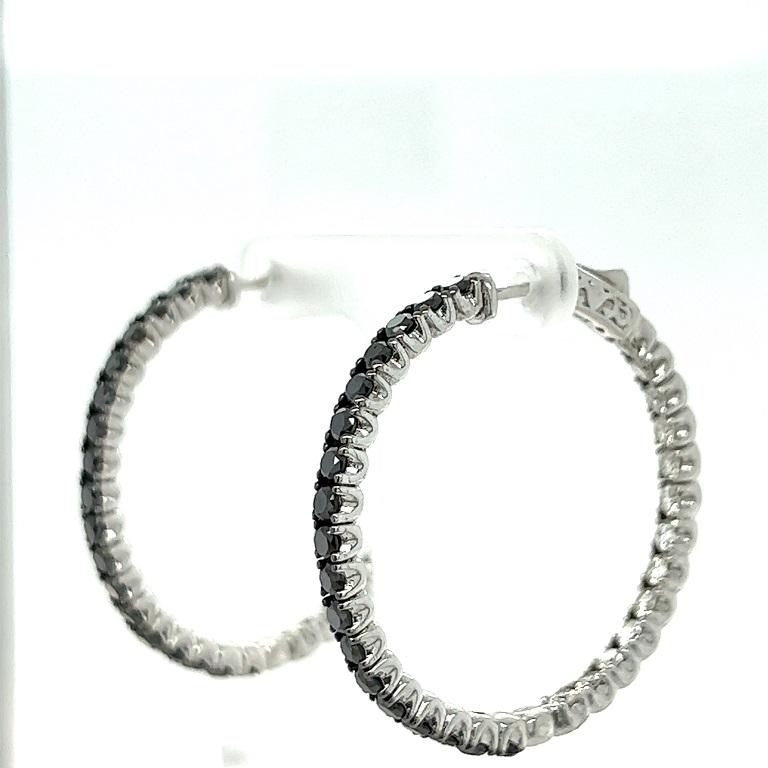 Round Cut 2.88 Carat Black Diamond White Diamond Hoop Earrings For Sale